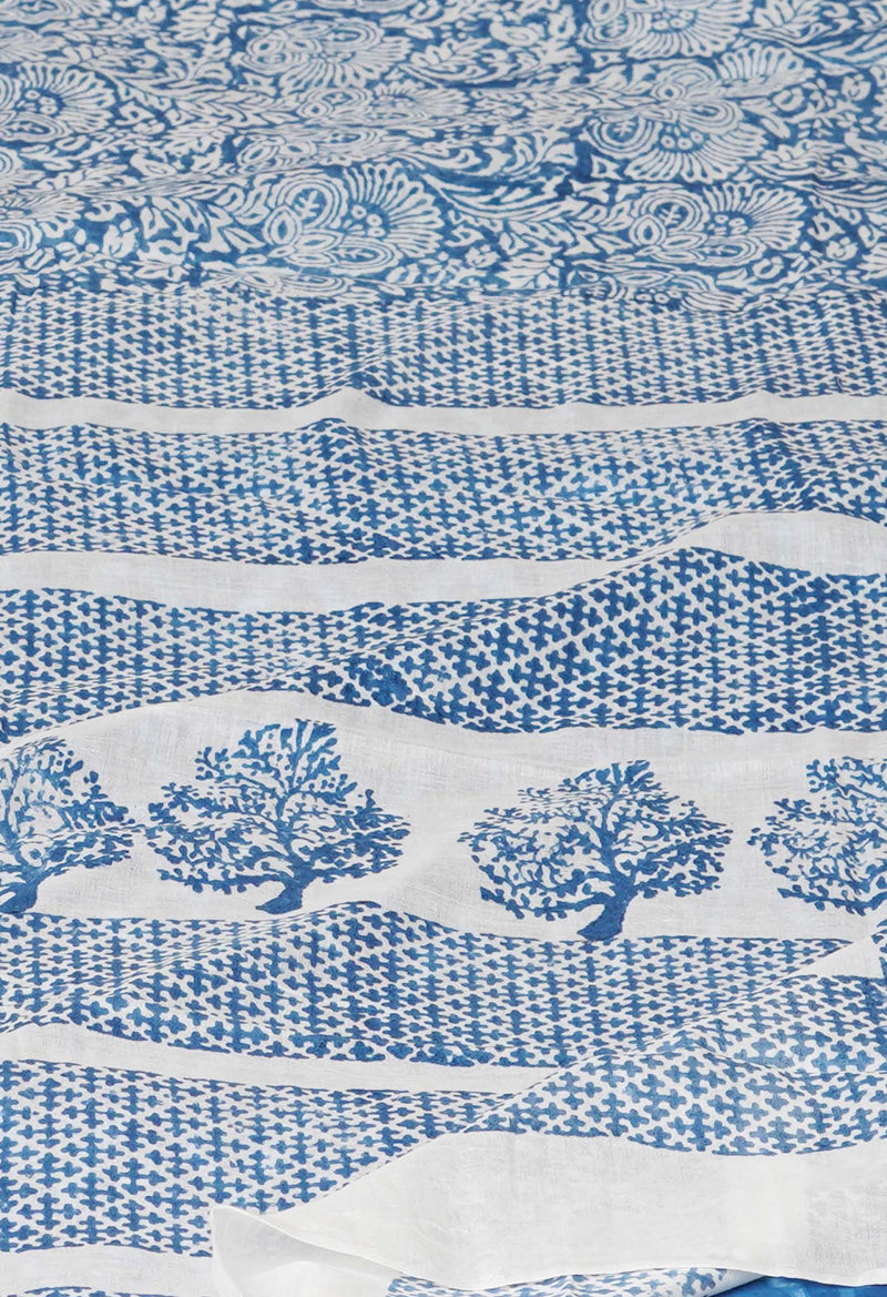 White Pure Block Printed  Superfine Mulmul Cotton Saree With Kalamkari Blouse Piece-UNM72915