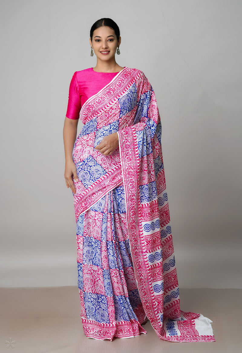 White Pure Block Printed  Superfine Mulmul Cotton Saree With Kalamkari Blouse Piece-UNM72916