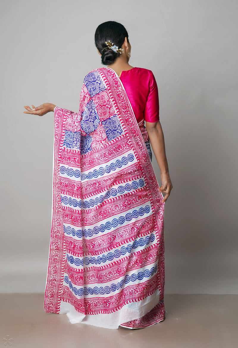 White Pure Block Printed  Superfine Mulmul Cotton Saree With Kalamkari Blouse Piece-UNM72916