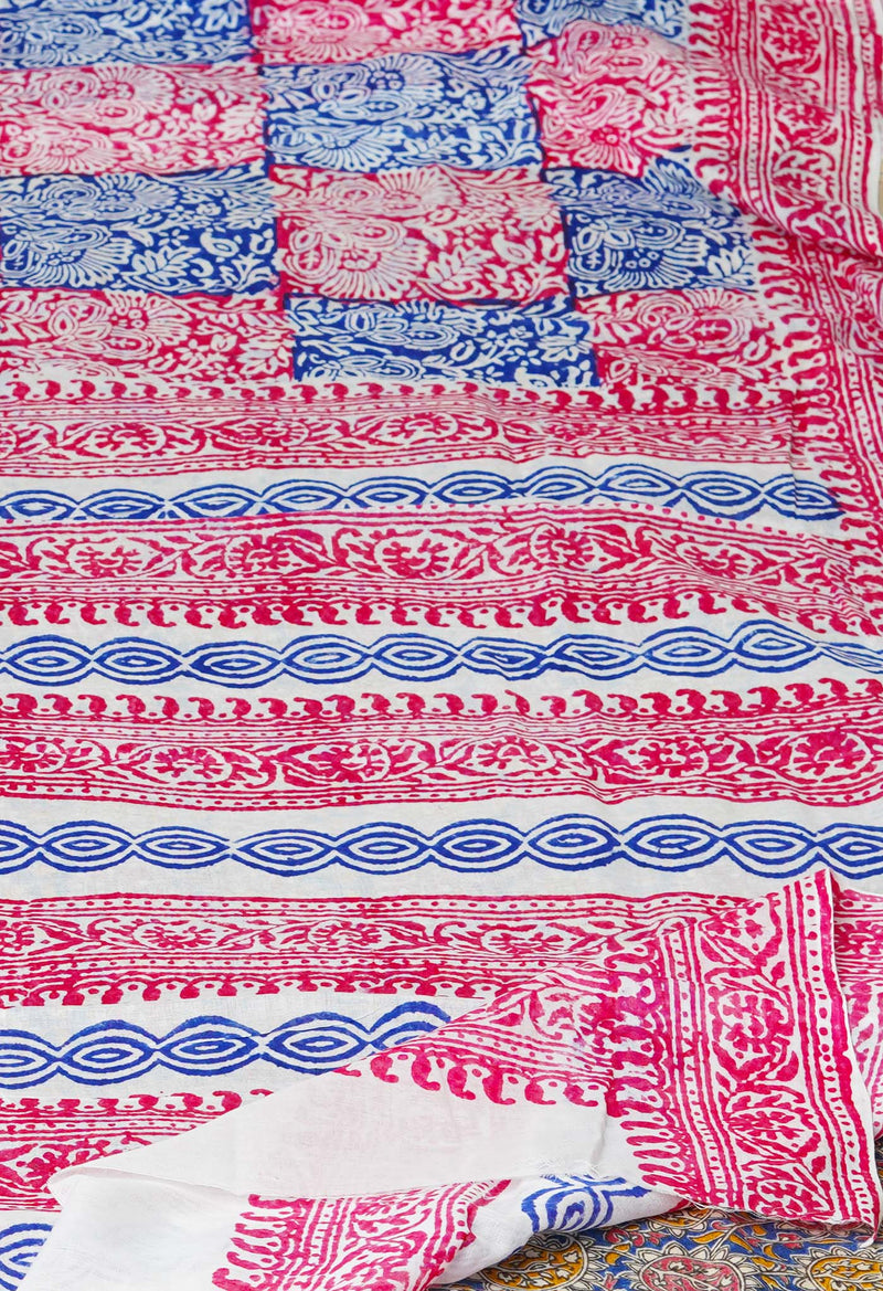 White Pure Block Printed  Superfine Mulmul Cotton Saree With Kalamkari Blouse Piece-UNM72916