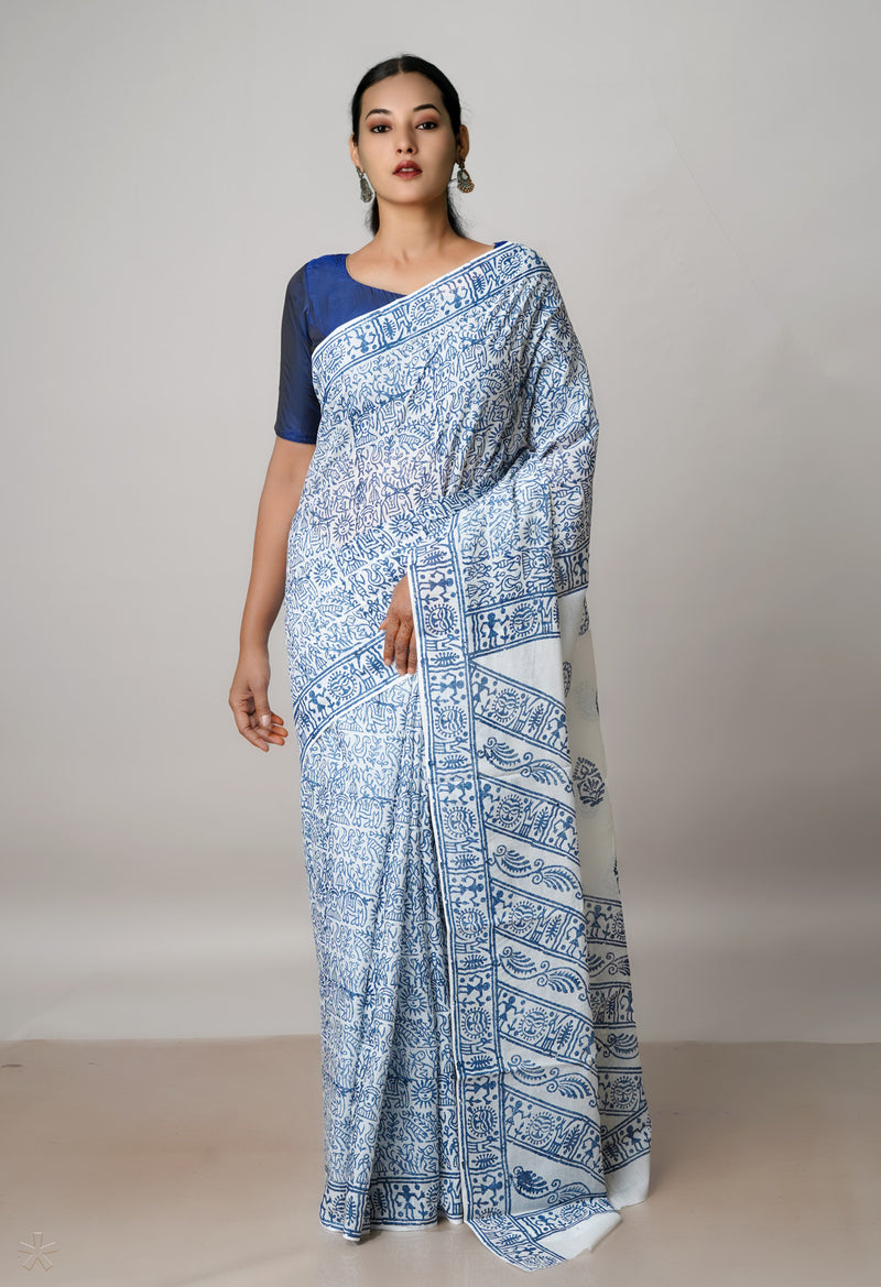 White Pure Block Printed  Superfine Mulmul Cotton Saree With Kalamkari Blouse Piece-UNM72917