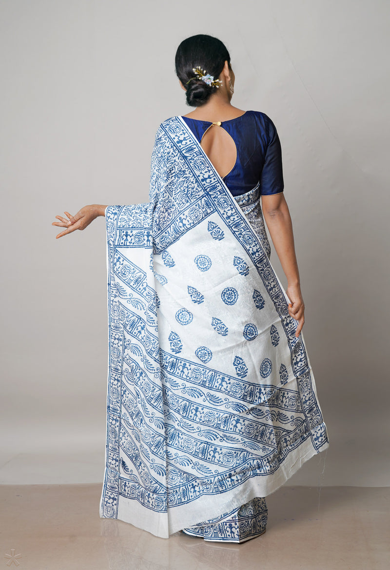 White Pure Block Printed  Superfine Mulmul Cotton Saree With Kalamkari Blouse Piece-UNM72917