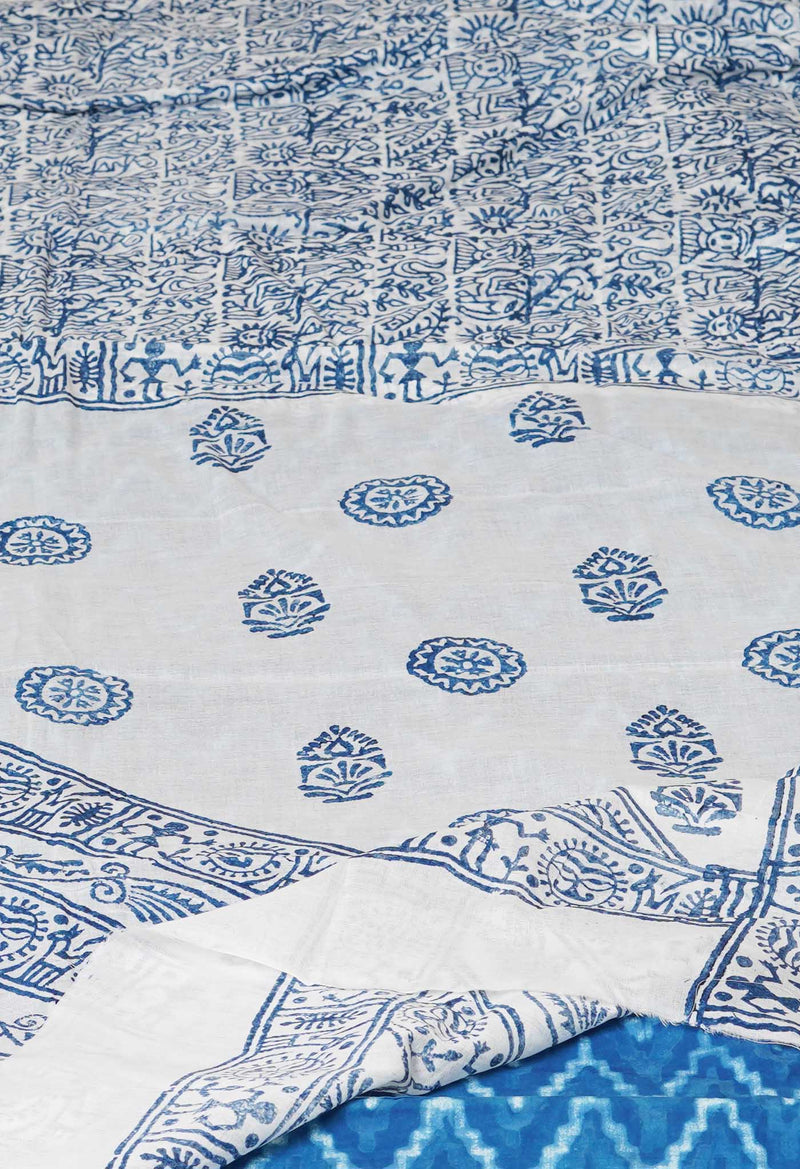 White Pure Block Printed  Superfine Mulmul Cotton Saree With Kalamkari Blouse Piece-UNM72917