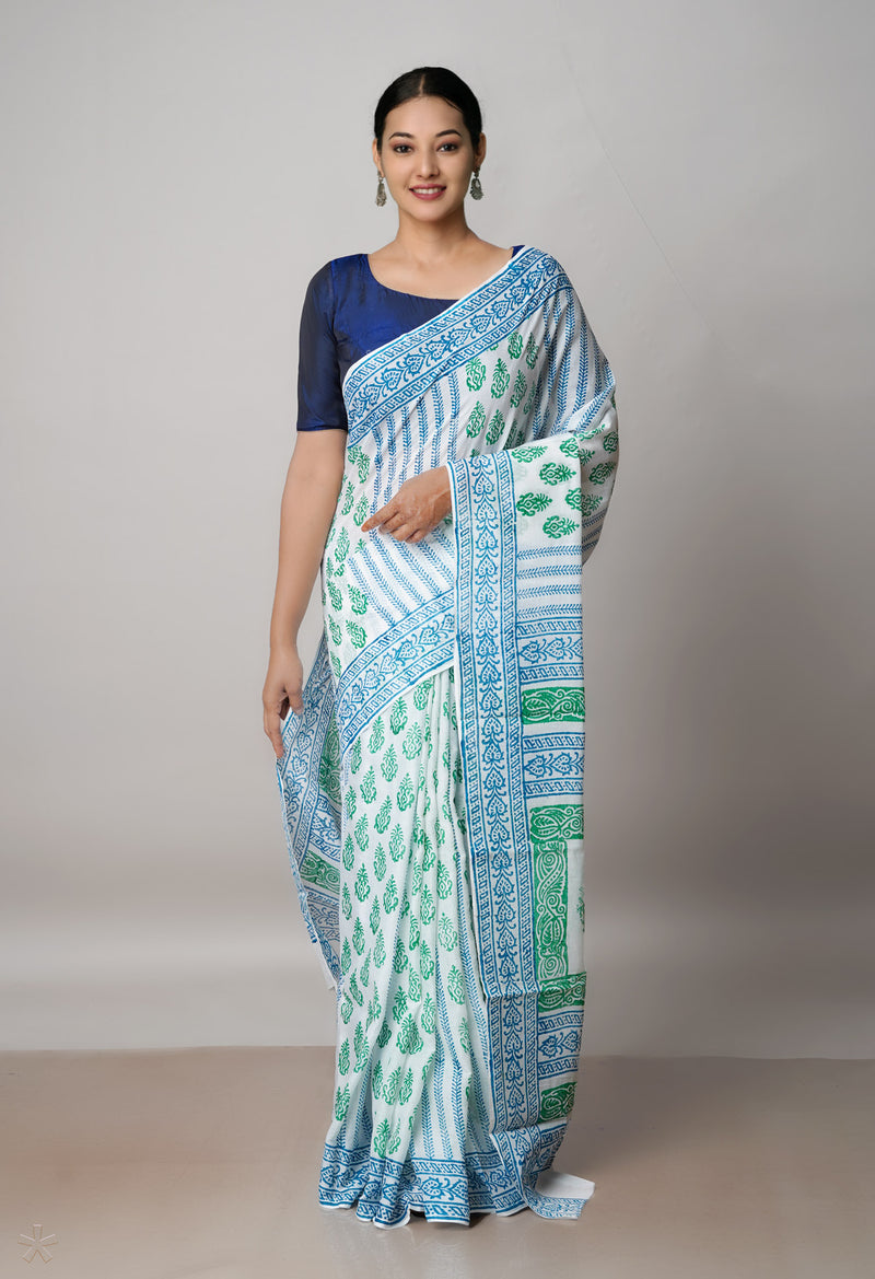 White Pure Block Printed  Superfine Mulmul Cotton Saree With Kalamkari Blouse Piece-UNM72918