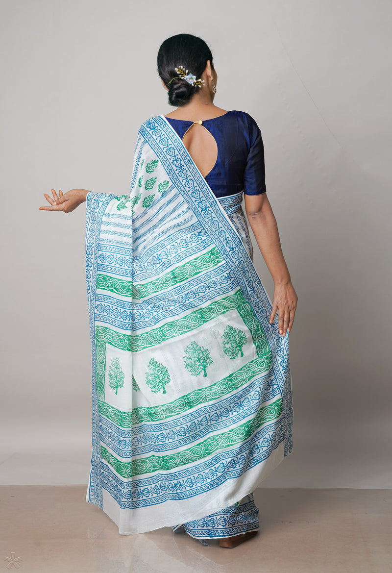 White Pure Block Printed  Superfine Mulmul Cotton Saree With Kalamkari Blouse Piece-UNM72918