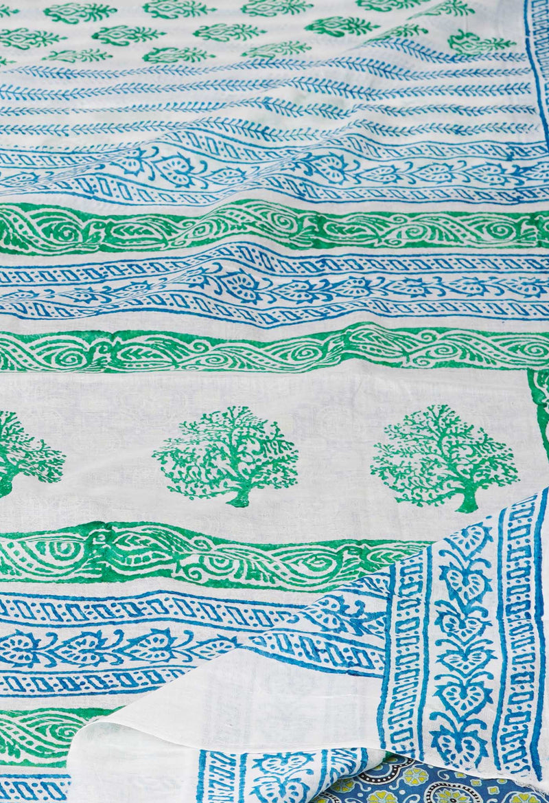 White Pure Block Printed  Superfine Mulmul Cotton Saree With Kalamkari Blouse Piece-UNM72918