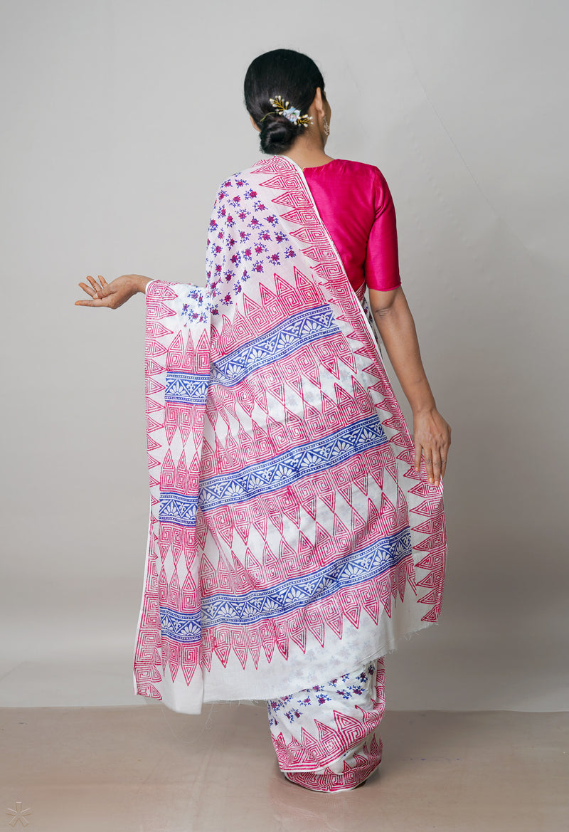 White Pure Block Printed  Superfine Mulmul Cotton Saree With Kalamkari Blouse Piece-UNM72919
