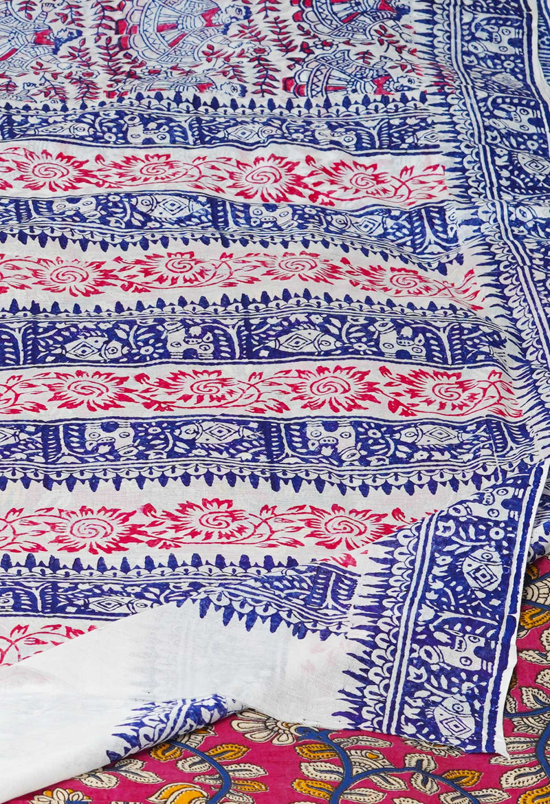 White Pure Block Printed  Superfine Mulmul Cotton Saree With Kalamkari Blouse Piece-UNM72921
