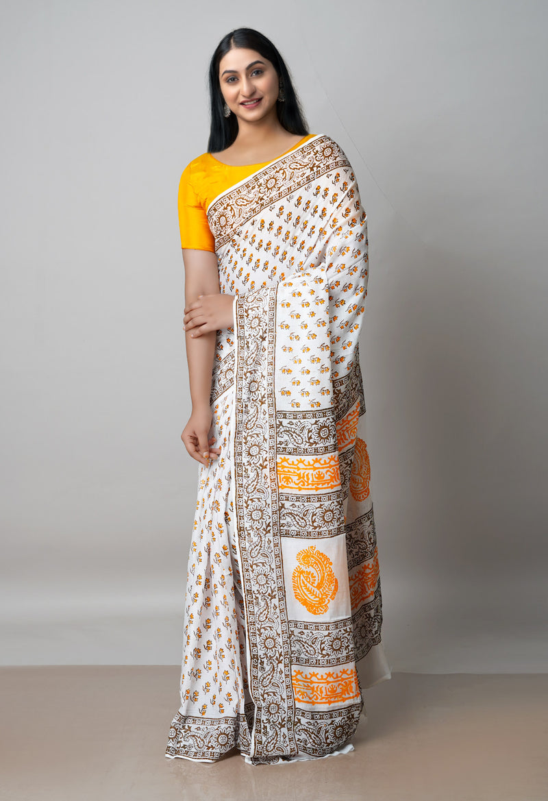 White Pure Block Printed  Superfine Mulmul Cotton Saree With Kalamkari Blouse Piece-UNM72922