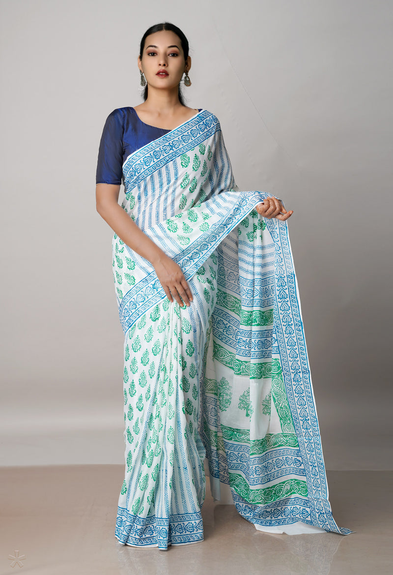 White Pure Block Printed  Superfine Mulmul Cotton Saree With Kalamkari Blouse Piece-UNM72923