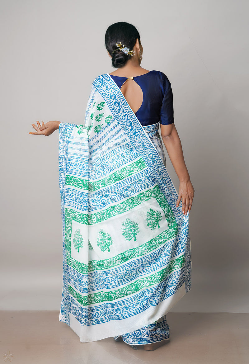 White Pure Block Printed  Superfine Mulmul Cotton Saree With Kalamkari Blouse Piece-UNM72923
