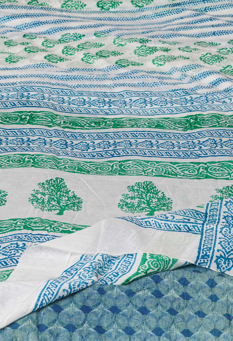 White Pure Block Printed  Superfine Mulmul Cotton Saree With Kalamkari Blouse Piece-UNM72923