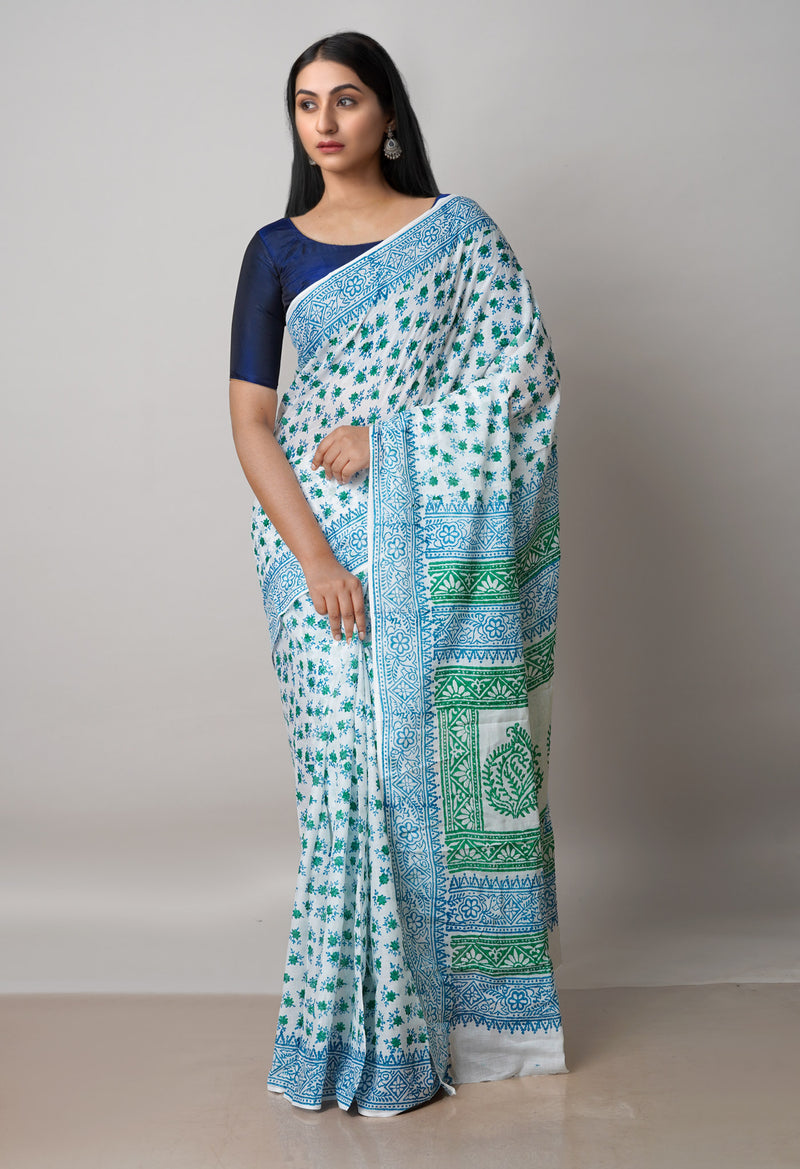White Pure Block Printed  Superfine Mulmul Cotton Saree With Kalamkari Blouse Piece-UNM72925