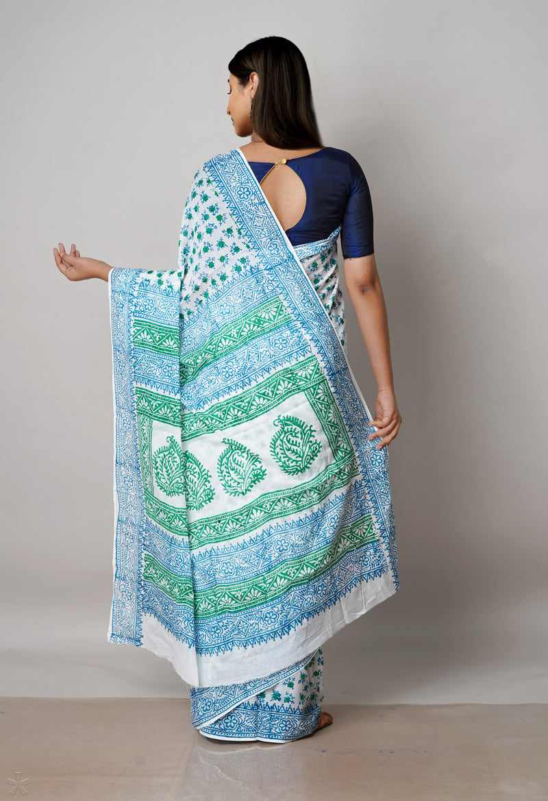 White Pure Block Printed  Superfine Mulmul Cotton Saree With Kalamkari Blouse Piece-UNM72925
