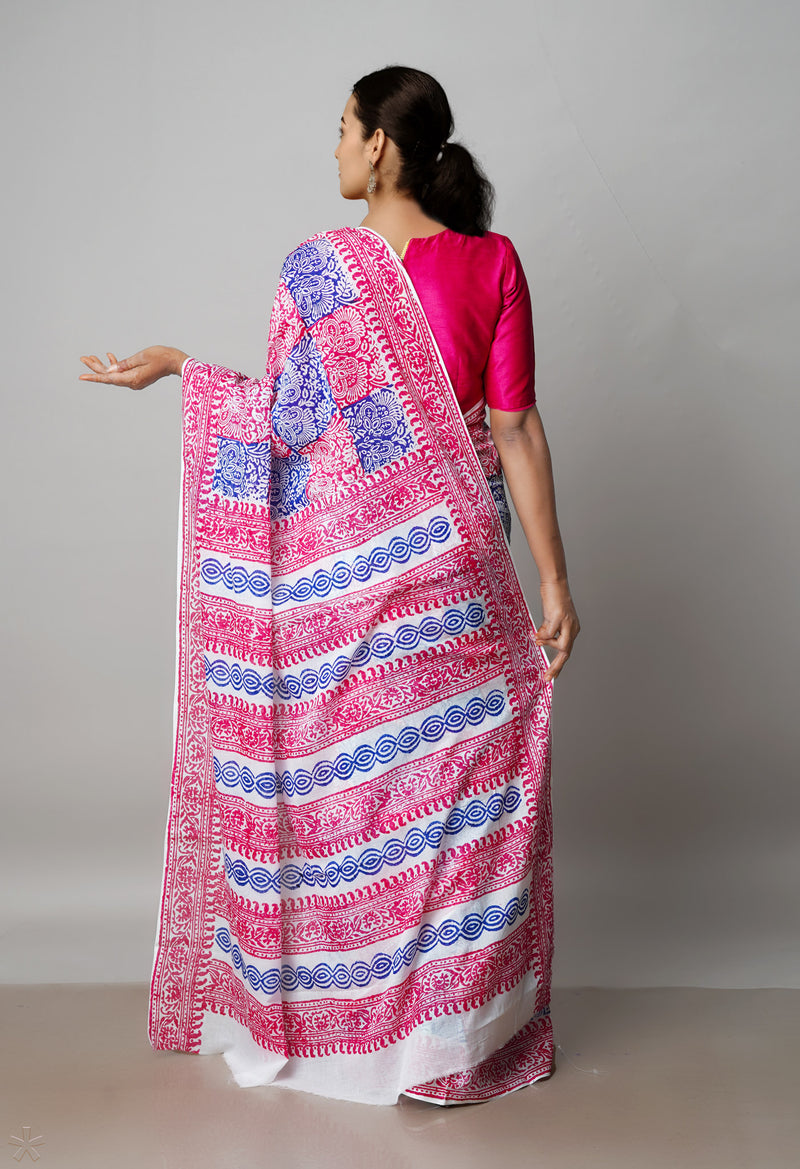 White Pure Block Printed  Superfine Mulmul Cotton Saree With Kalamkari Blouse Piece-UNM72926