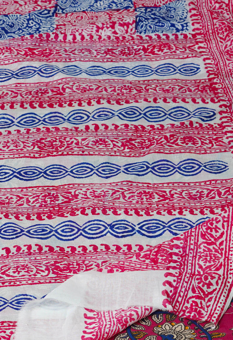 White Pure Block Printed  Superfine Mulmul Cotton Saree With Kalamkari Blouse Piece-UNM72926