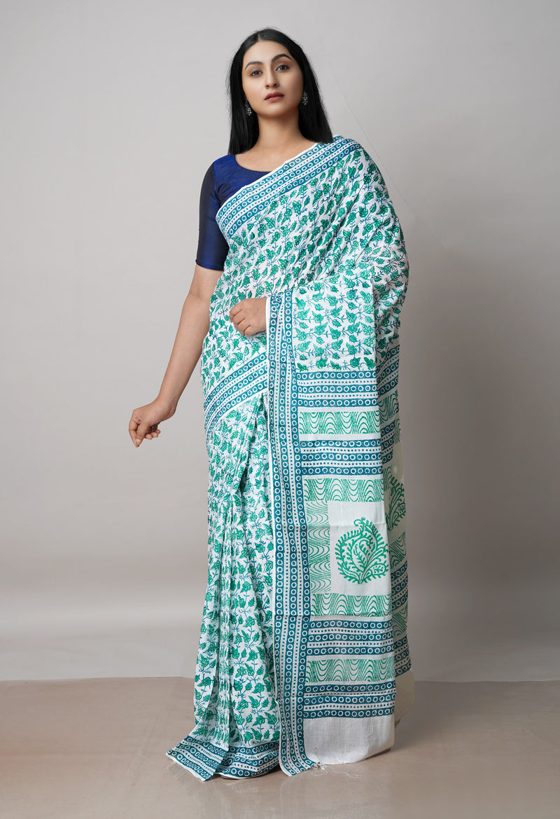 White Pure Block Printed  Superfine Mulmul Cotton Saree With Kalamkari Blouse Piece-UNM72930