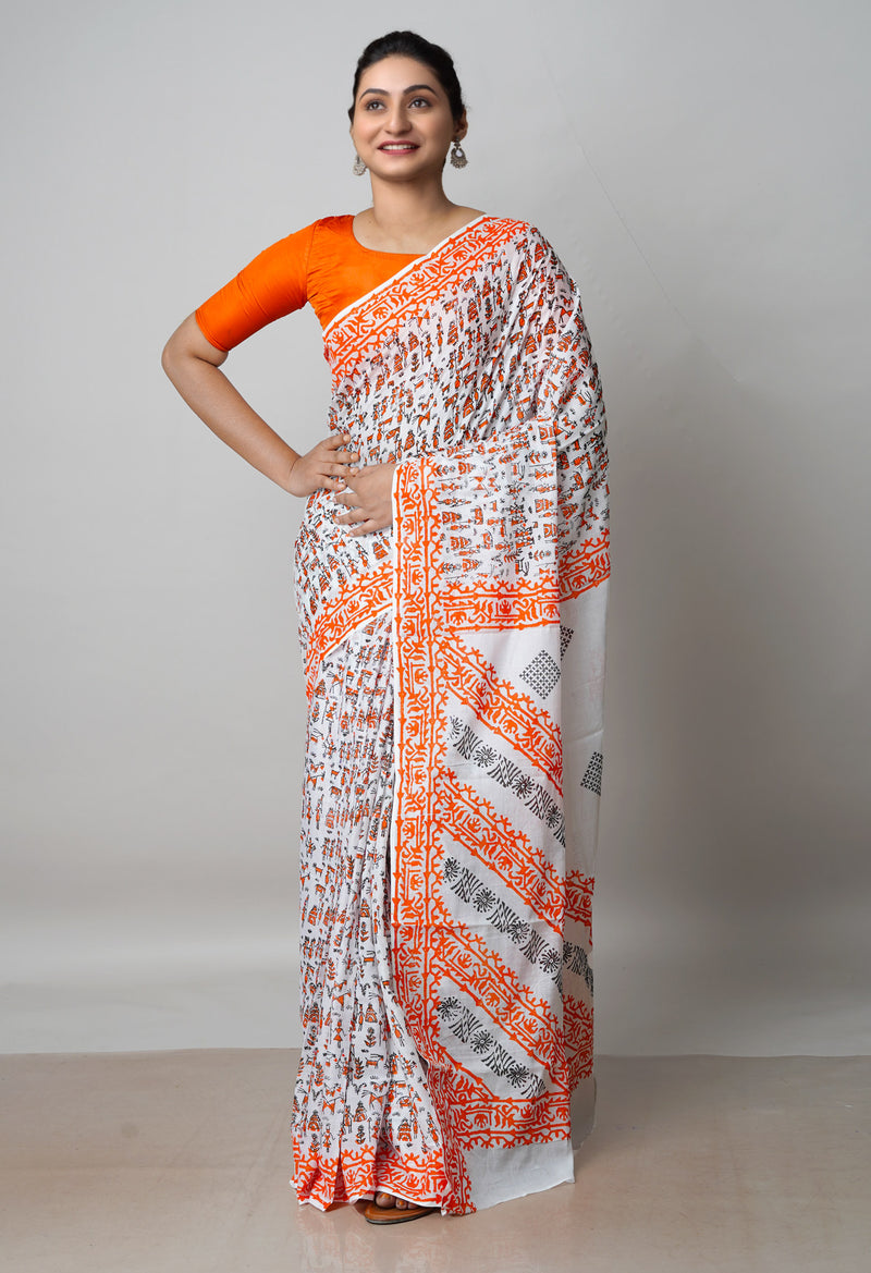 White Pure Block Printed  Superfine Mulmul Cotton Saree With Kalamkari Blouse Piece-UNM72932