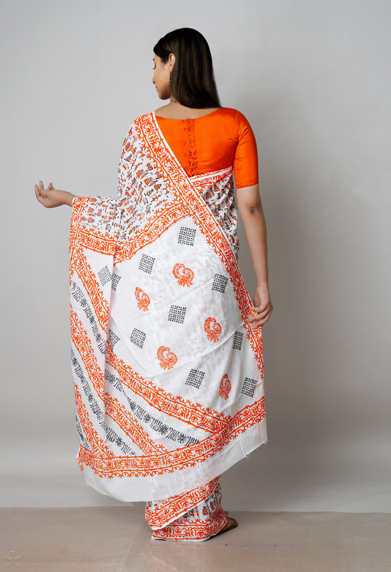 White Pure Block Printed  Superfine Mulmul Cotton Saree With Kalamkari Blouse Piece-UNM72932