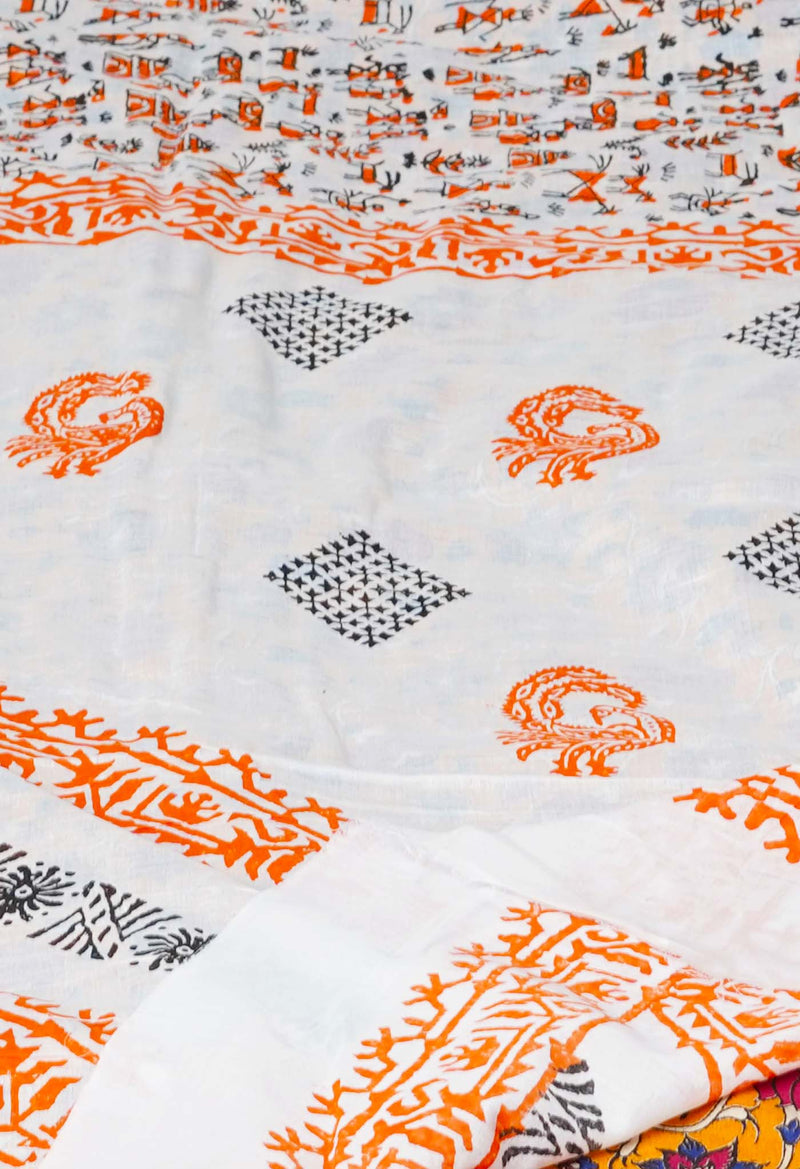 White Pure Block Printed  Superfine Mulmul Cotton Saree With Kalamkari Blouse Piece-UNM72932