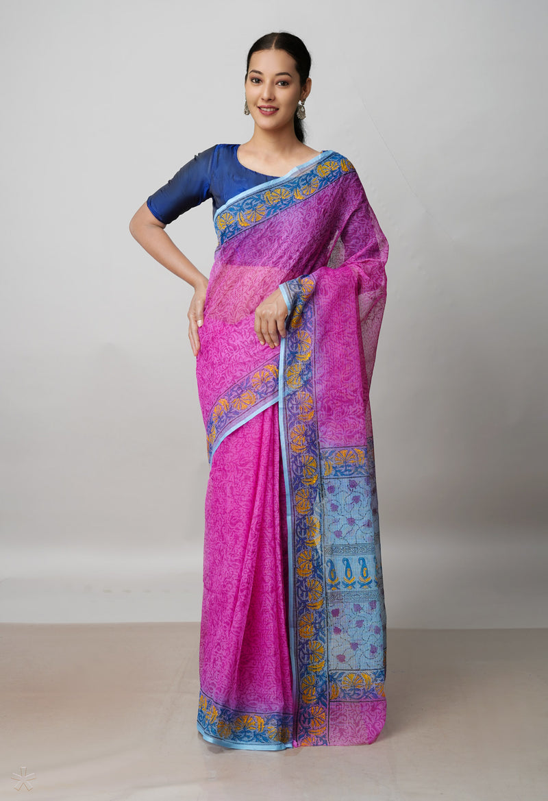 Pink Pure Block Printed  Kota Cotton Saree With Kalamkari Blouse Piece-UNM72969