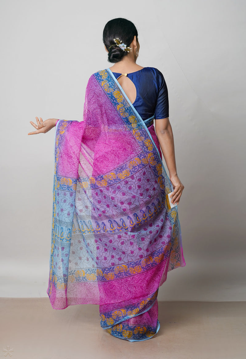 Pink Pure Block Printed  Kota Cotton Saree With Kalamkari Blouse Piece-UNM72969