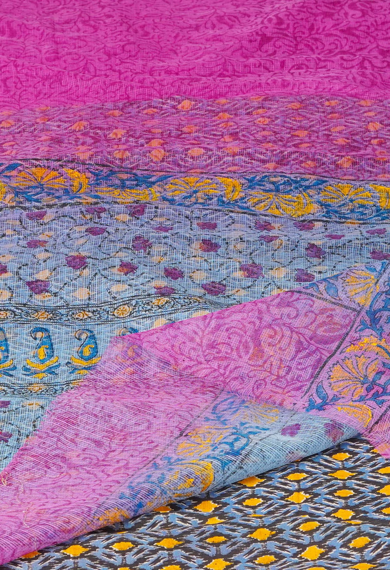 Pink Pure Block Printed  Kota Cotton Saree With Kalamkari Blouse Piece-UNM72969