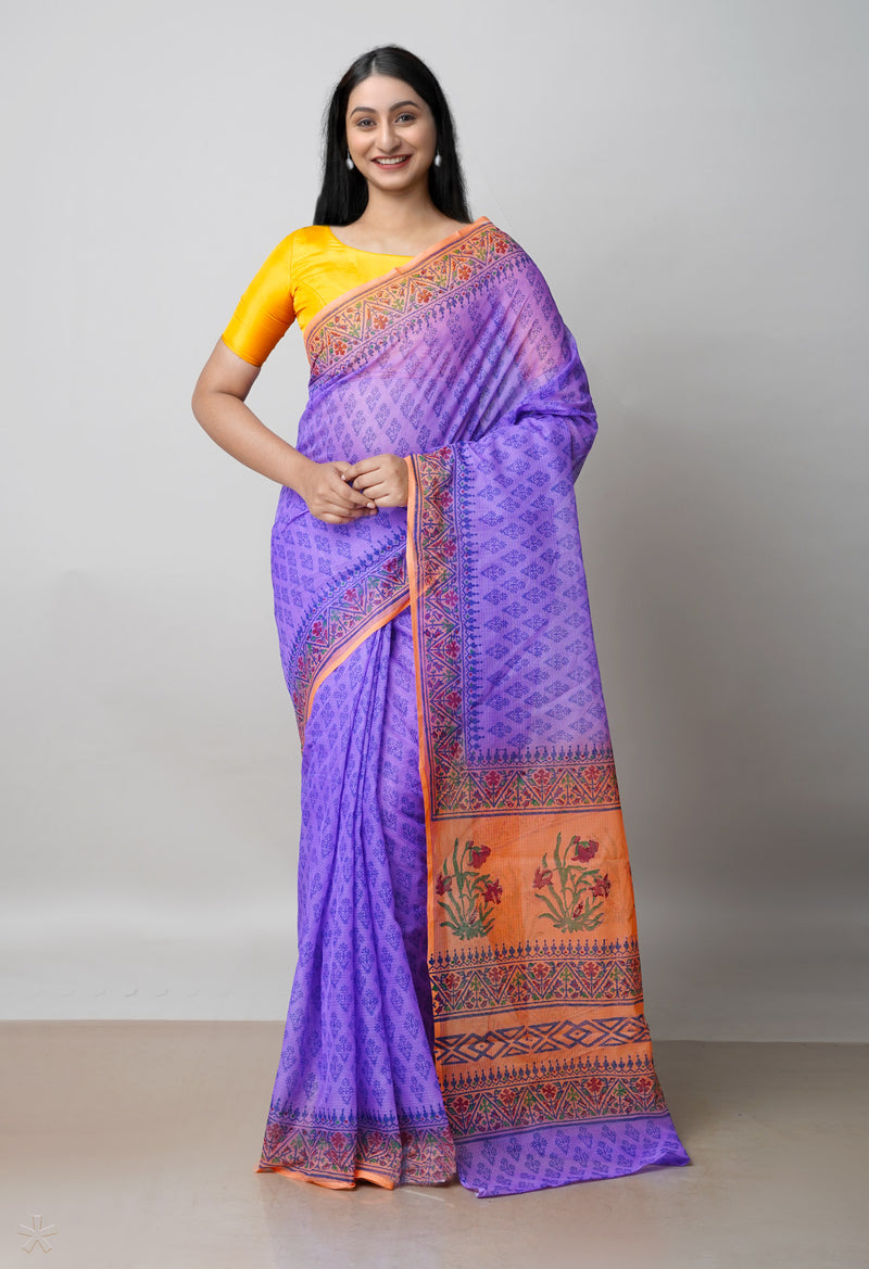 Purple Pure Block Printed  Kota Cotton Saree With Kalamkari Blouse Piece-UNM72970