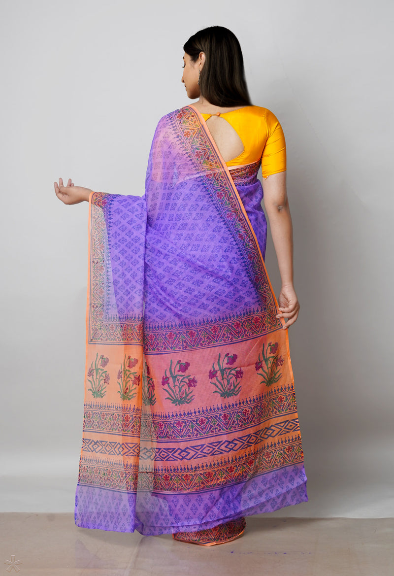 Purple Pure Block Printed  Kota Cotton Saree With Kalamkari Blouse Piece-UNM72970