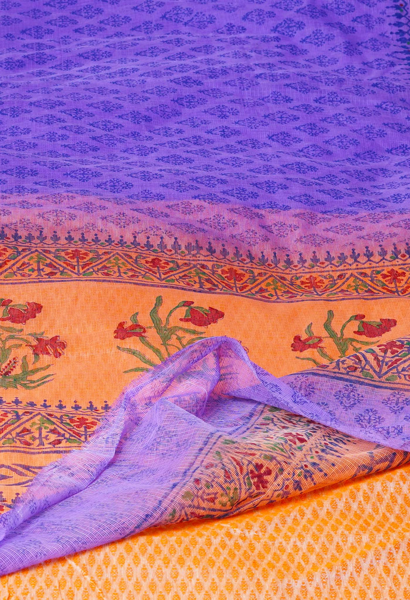 Purple Pure Block Printed  Kota Cotton Saree With Kalamkari Blouse Piece-UNM72970