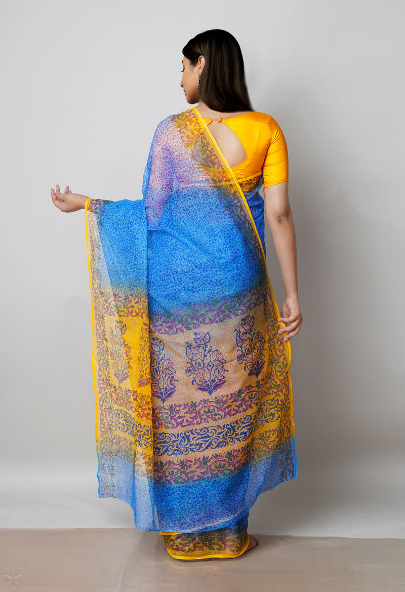 Blue Pure Block Printed  Kota Cotton Saree With Kalamkari Blouse Piece-UNM72971