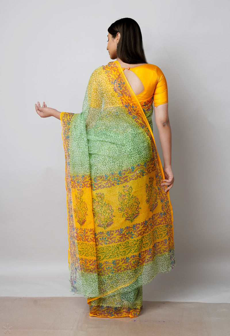 Green Pure Block Printed  Kota Cotton Saree With Kalamkari Blouse Piece-UNM72972