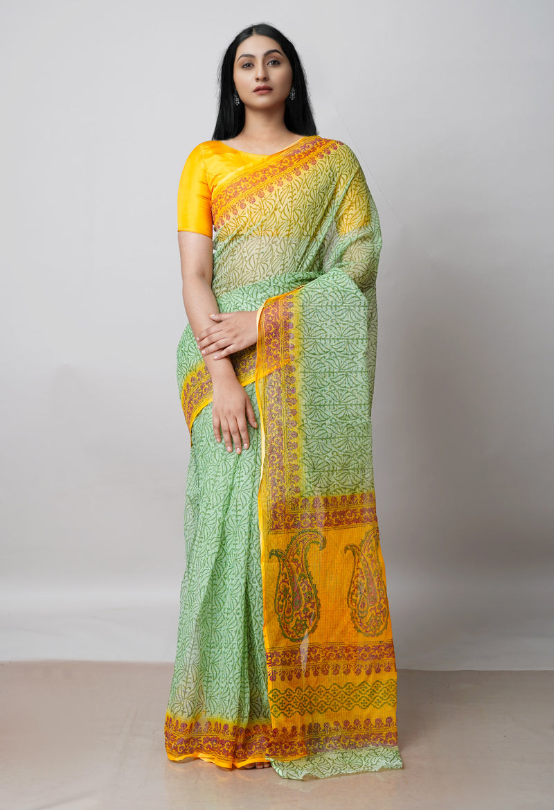 Green Pure Block Printed  Kota Cotton Saree With Kalamkari Blouse Piece-UNM72973