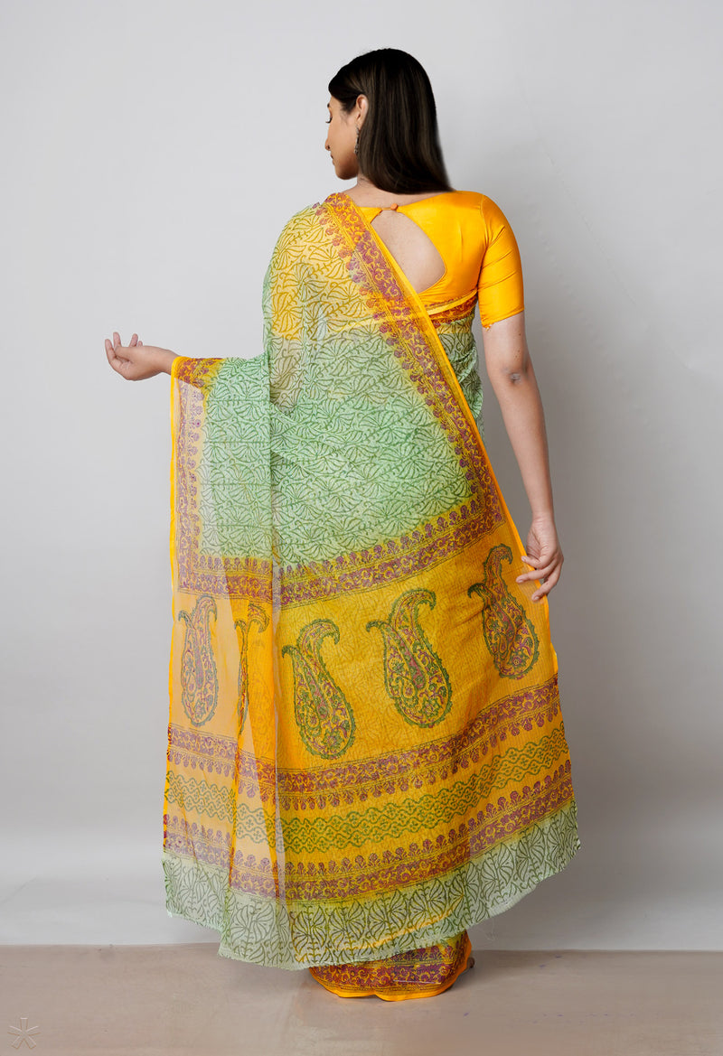Green Pure Block Printed  Kota Cotton Saree With Kalamkari Blouse Piece-UNM72973