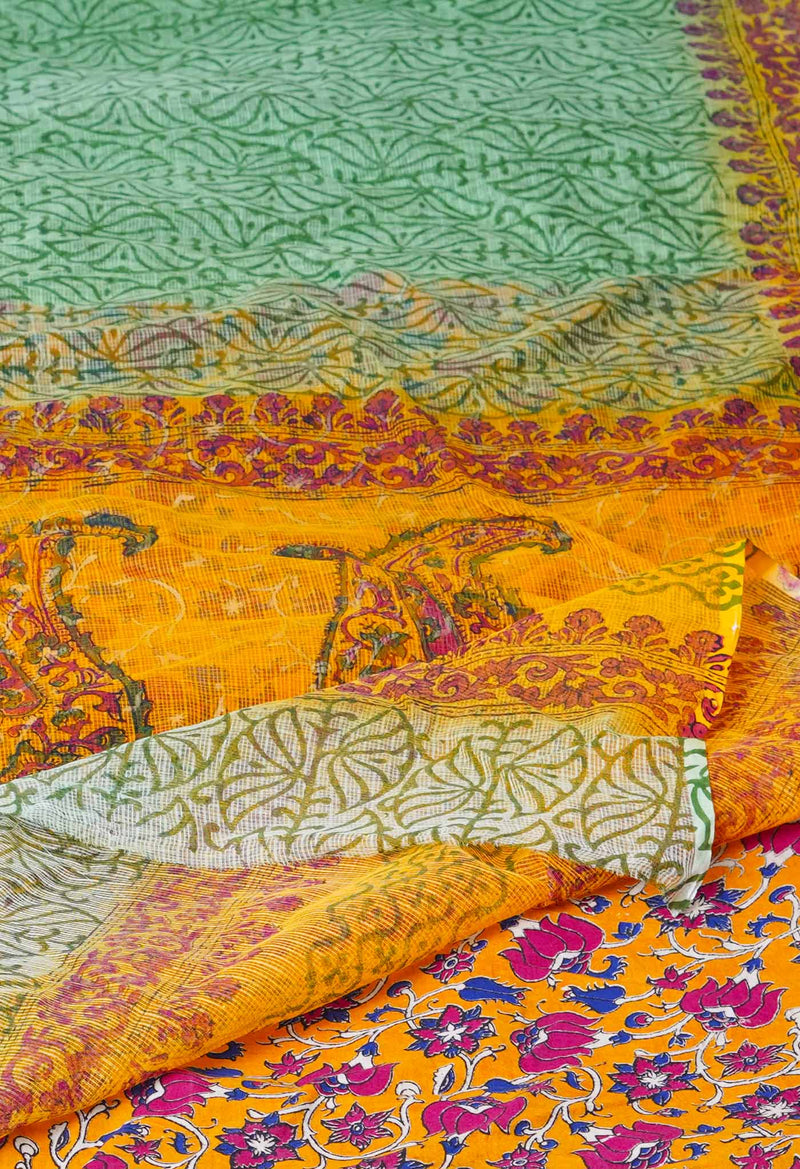 Green Pure Block Printed  Kota Cotton Saree With Kalamkari Blouse Piece-UNM72973
