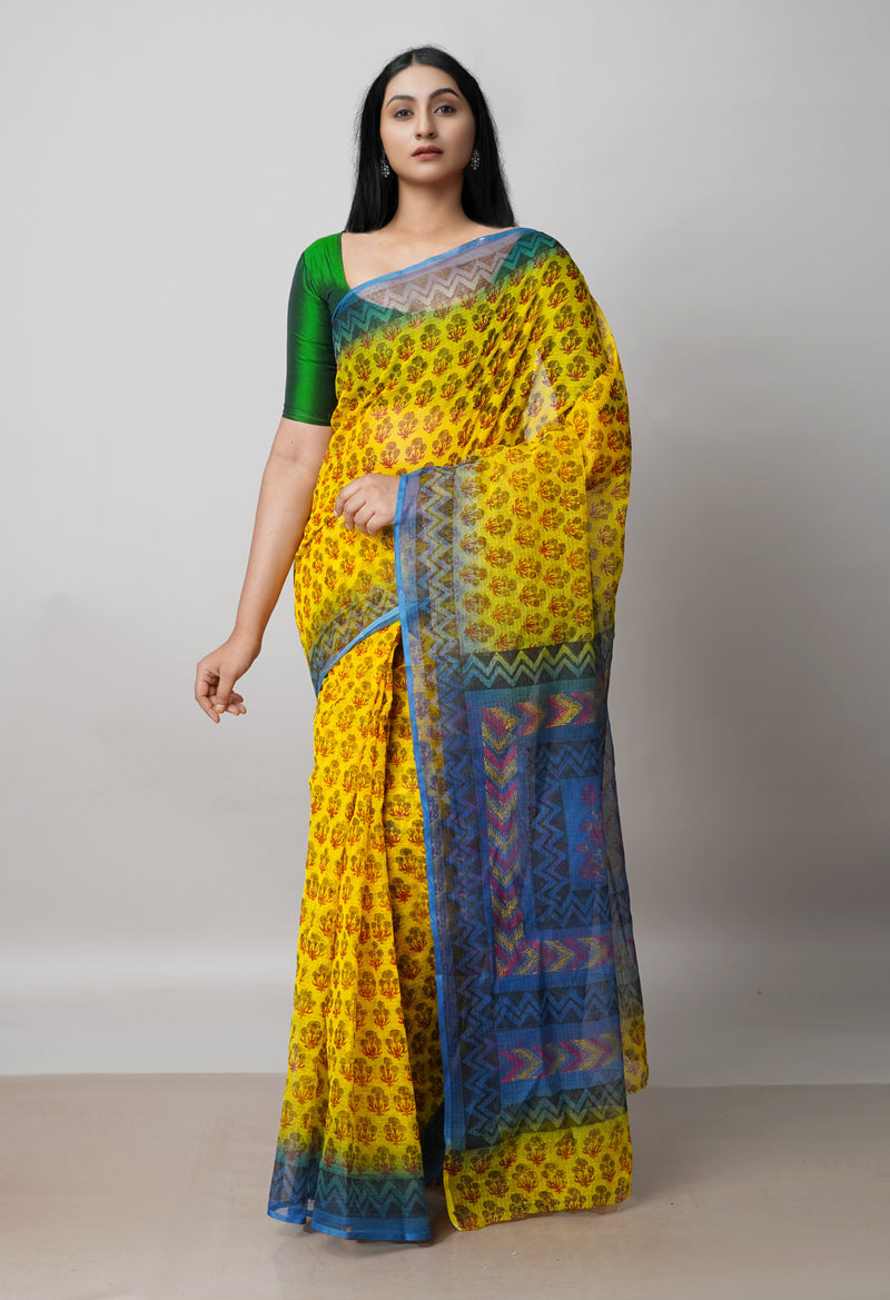 Yellow Pure Block Printed  Kota Cotton Saree With Kalamkari Blouse Piece-UNM72974