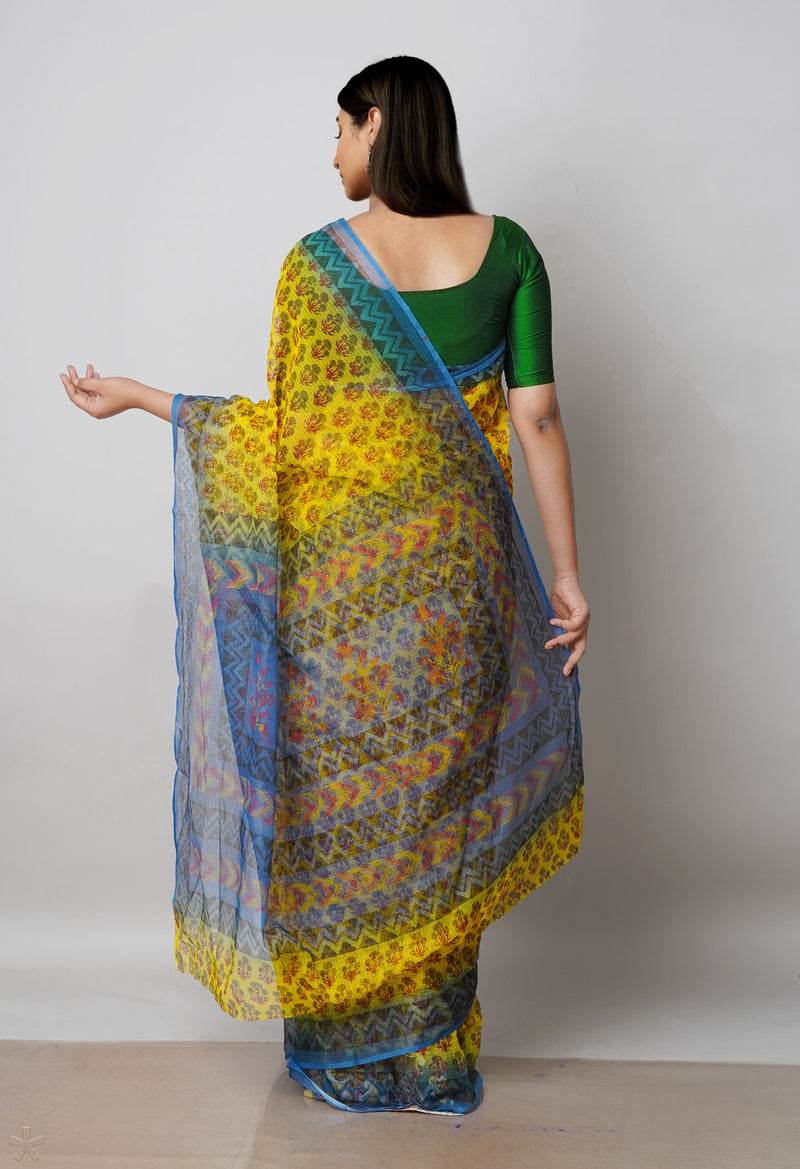 Yellow Pure Block Printed  Kota Cotton Saree With Kalamkari Blouse Piece-UNM72974