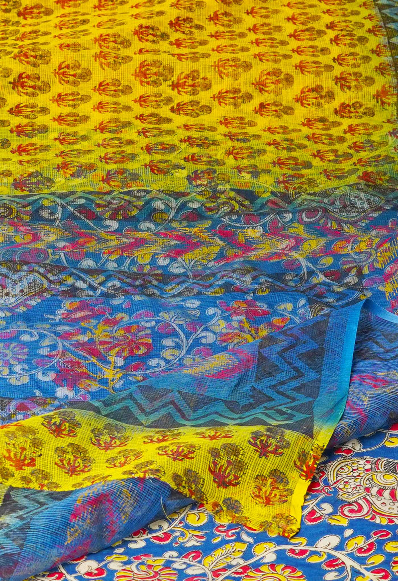 Yellow Pure Block Printed  Kota Cotton Saree With Kalamkari Blouse Piece-UNM72974