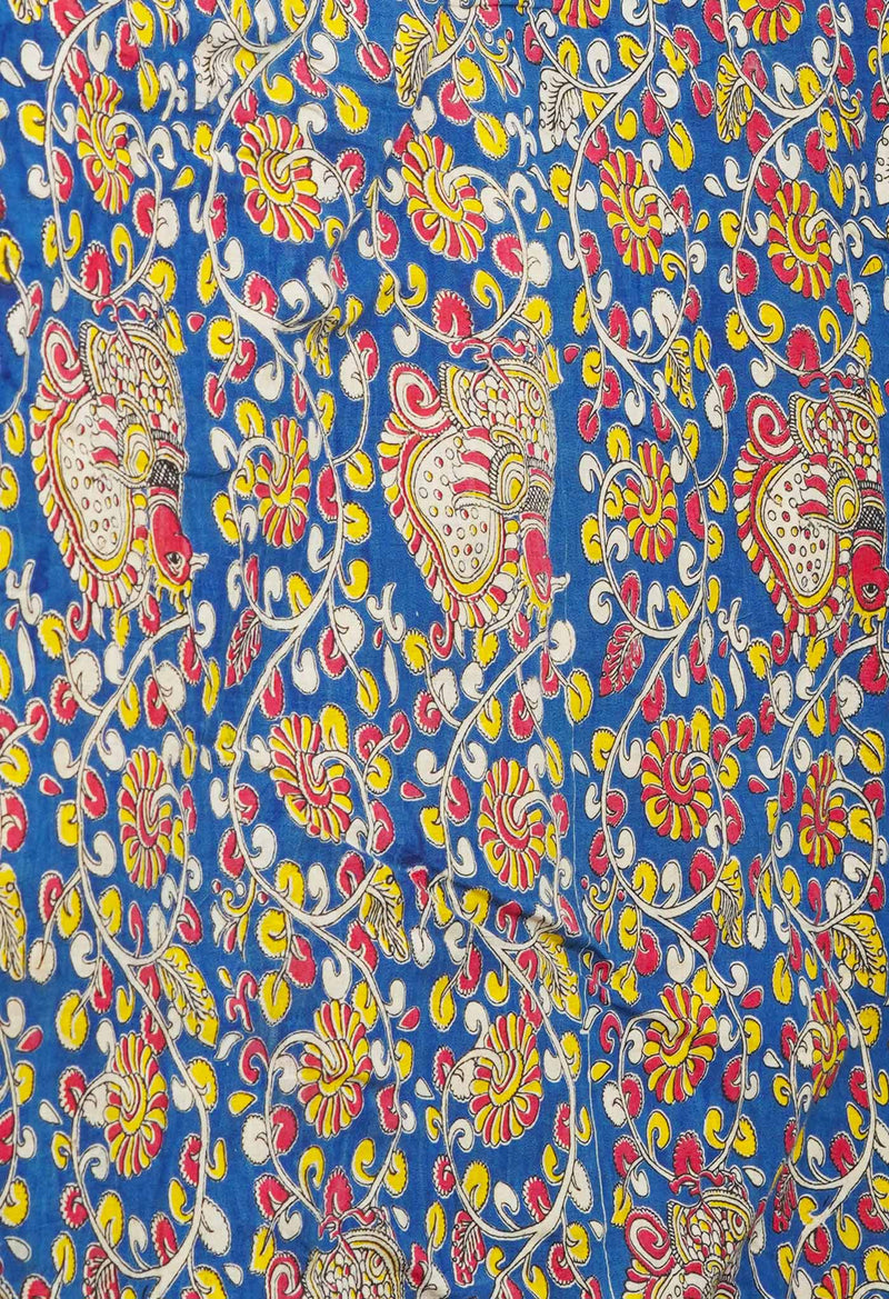 Yellow Pure Block Printed  Kota Cotton Saree With Kalamkari Blouse Piece-UNM72974