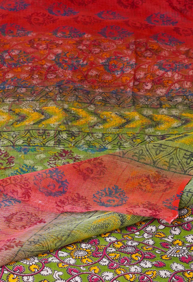 Red Pure Block Printed  Kota Cotton Saree With Kalamkari Blouse Piece-UNM72975