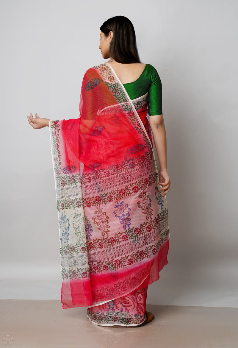 Red Pure Block Printed  Kota Cotton Saree With Kalamkari Blouse Piece-UNM72976