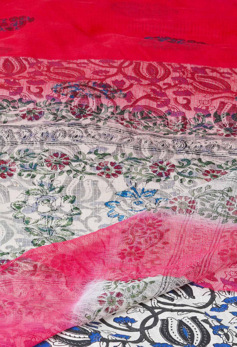 Red Pure Block Printed  Kota Cotton Saree With Kalamkari Blouse Piece-UNM72976