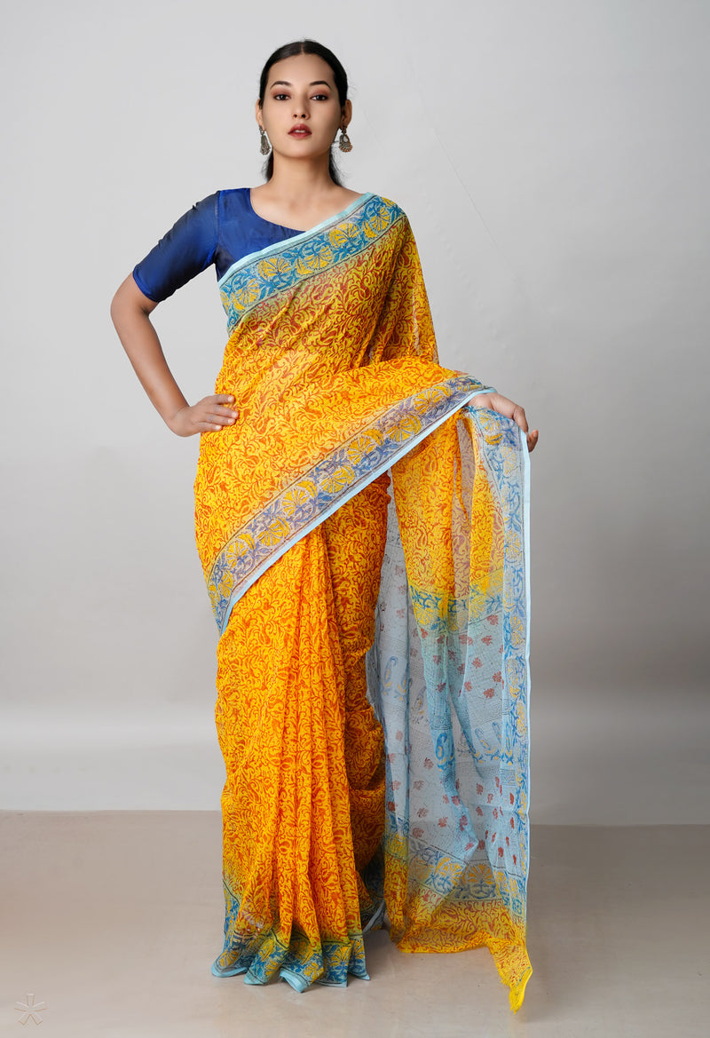 Yellow Pure Block Printed  Kota Cotton Saree With Kalamkari Blouse Piece-UNM72977