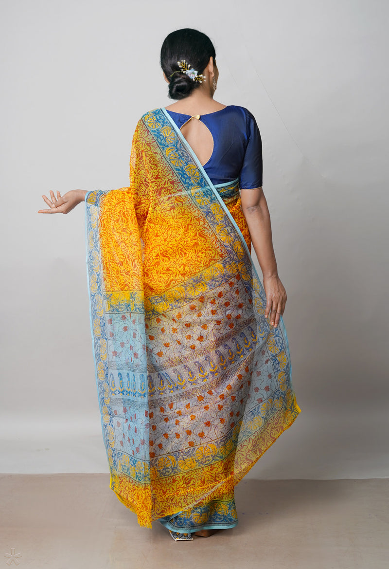 Yellow Pure Block Printed  Kota Cotton Saree With Kalamkari Blouse Piece-UNM72977