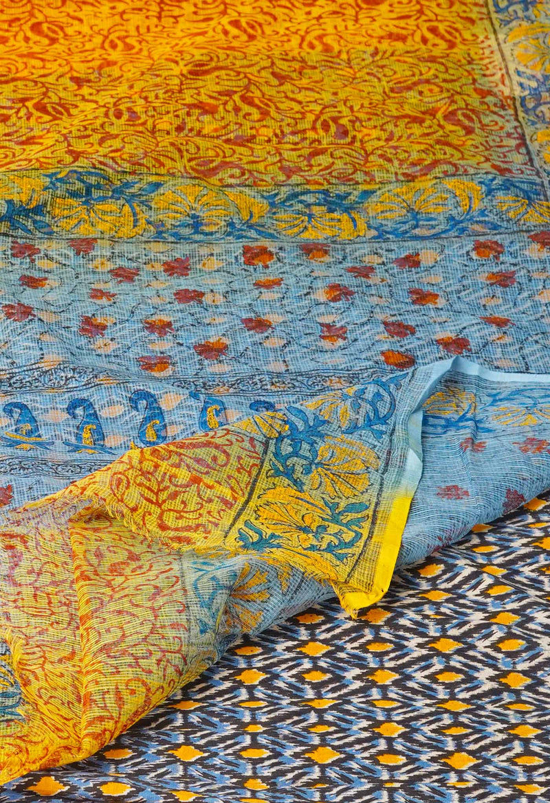 Yellow Pure Block Printed  Kota Cotton Saree With Kalamkari Blouse Piece-UNM72977