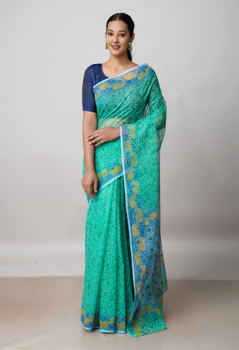 Teal Green Pure Block Printed  Kota Cotton Saree With Kalamkari Blouse Piece-UNM72978