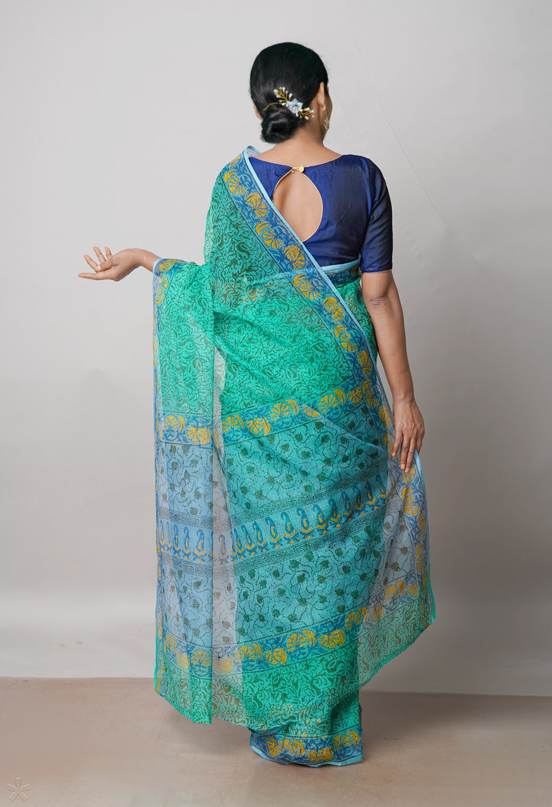 Teal Green Pure Block Printed  Kota Cotton Saree With Kalamkari Blouse Piece-UNM72978