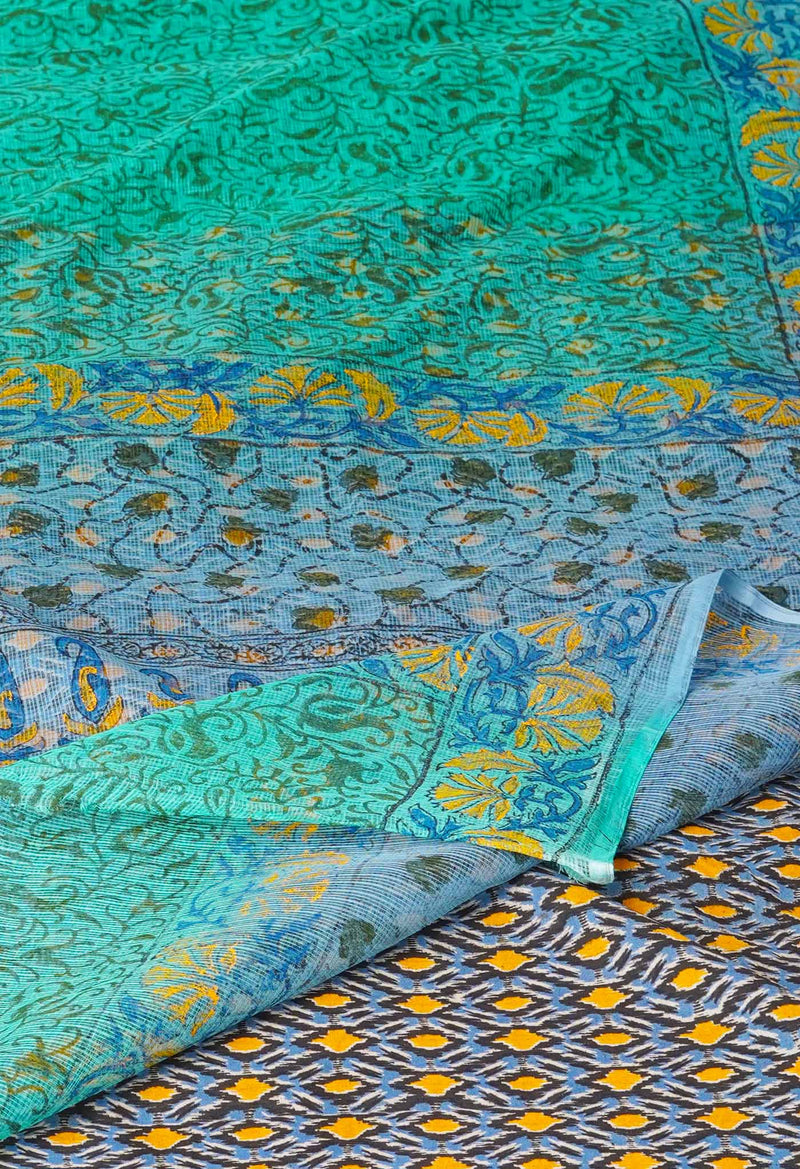 Teal Green Pure Block Printed  Kota Cotton Saree With Kalamkari Blouse Piece-UNM72978