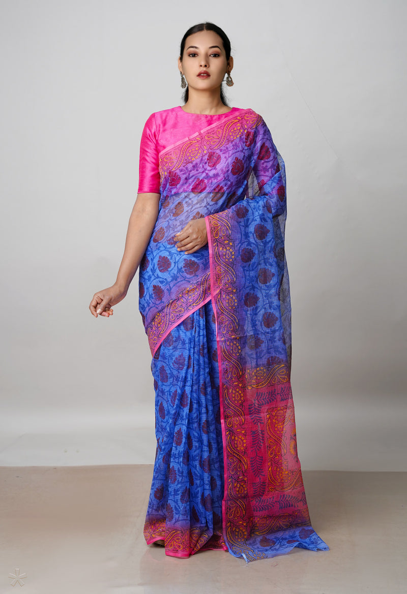 Blue Pure Block Printed  Kota Cotton Saree With Kalamkari Blouse Piece-UNM72979