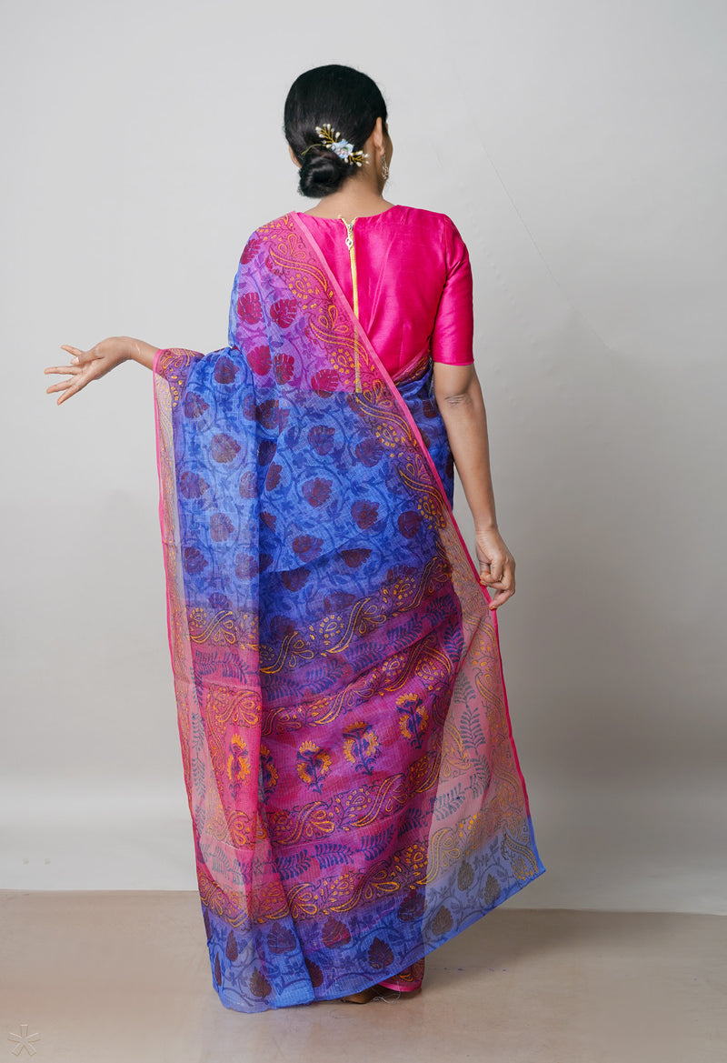 Blue Pure Block Printed  Kota Cotton Saree With Kalamkari Blouse Piece-UNM72979